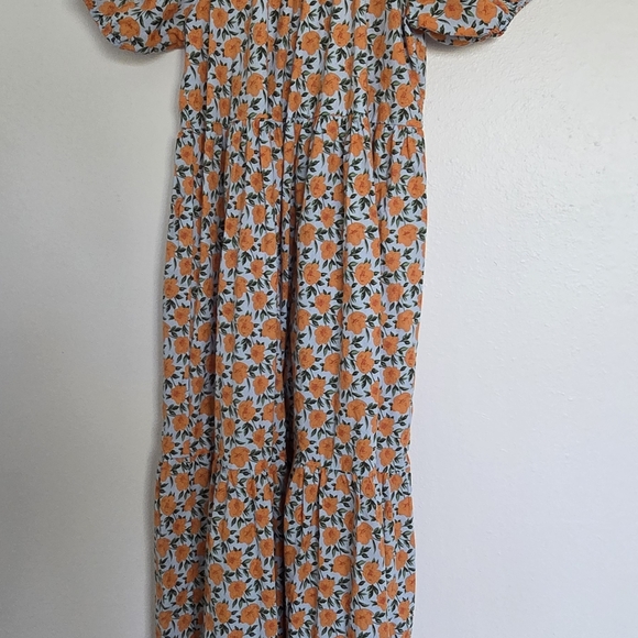 ​TCEC 100% Cotton Floral Maxi Dress S Orange Blue Puff Sleeve Tiered Summer - Picture 8 of 8